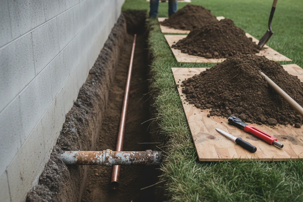 Excavated water line trench during Sewer Line Repair in Ronco
